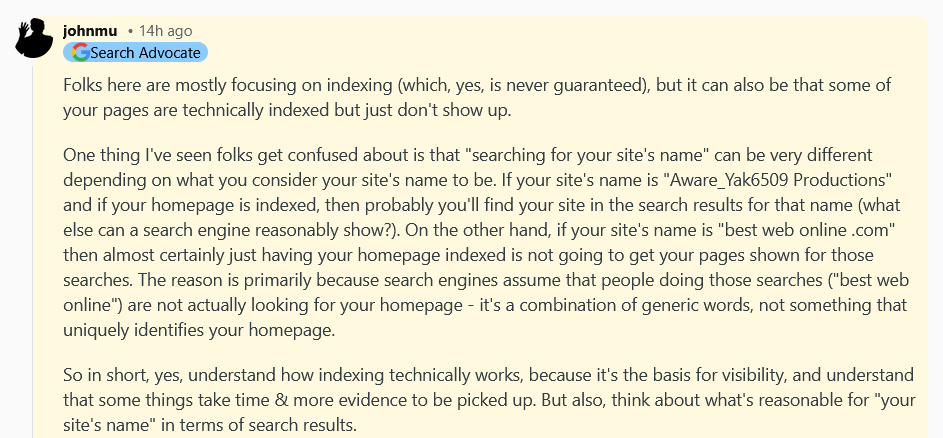 John Mueler reply to why website not ranking in Google