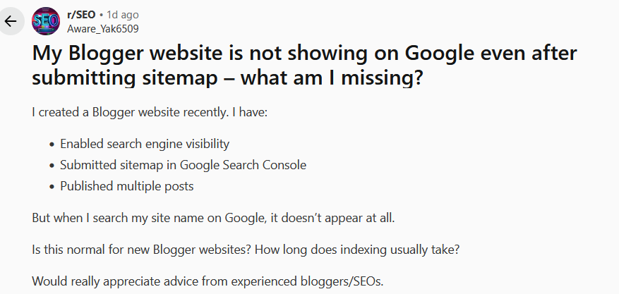 Website not showing on Google - Reddit Post